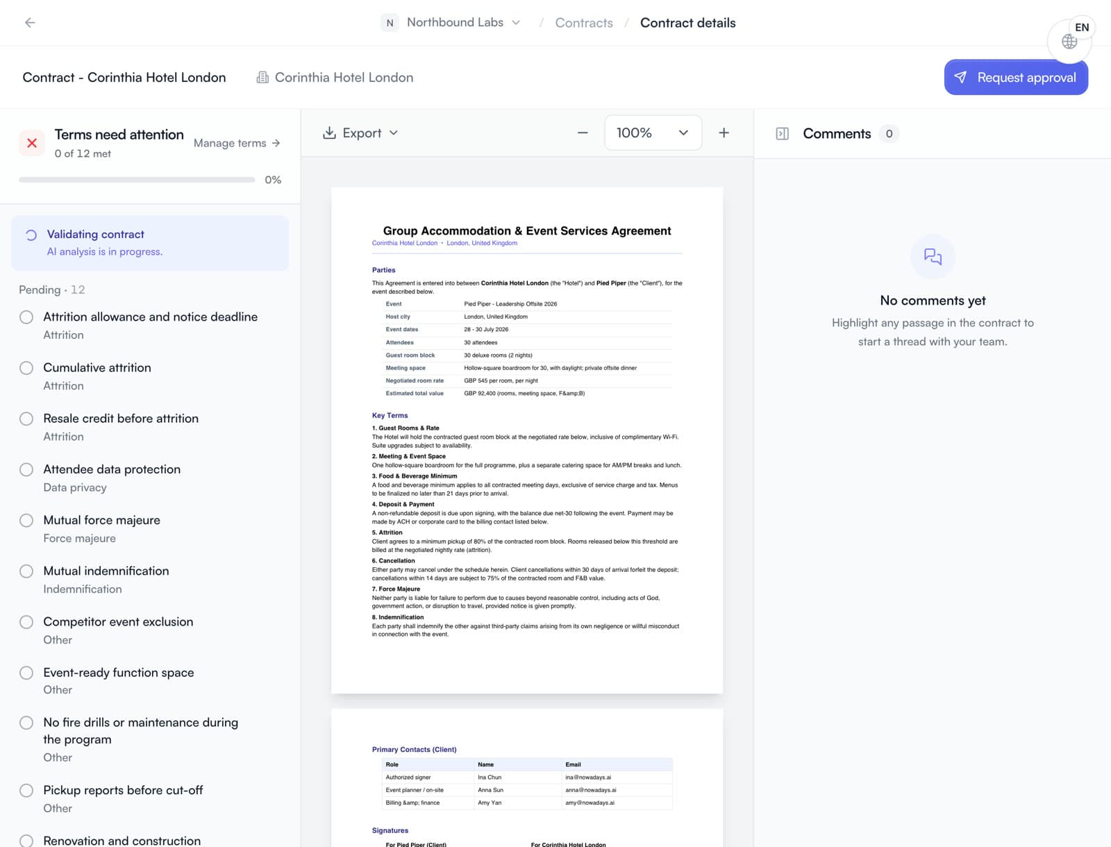 A hotel contract open in the viewer, with the clause checklist on the left and comments on the right.